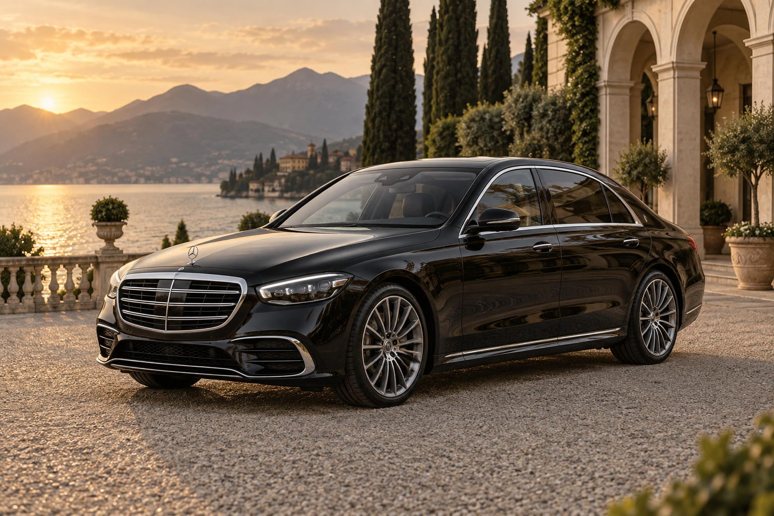 Black Mercedes-Benz S-Class beside an Italian villa